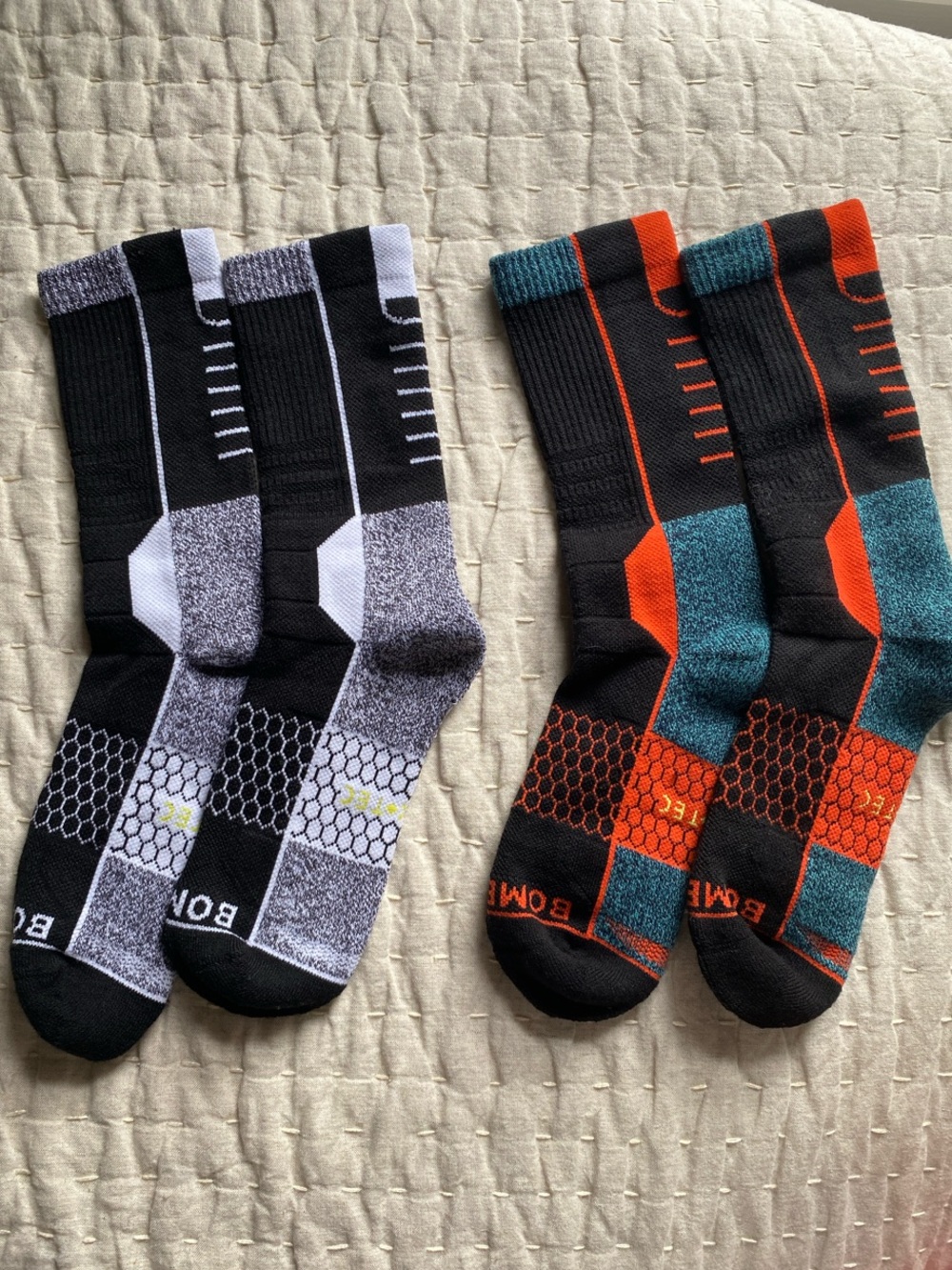Bombas Hex-Tec Crew Socks - Black with Gray & Black with Teal/Orange